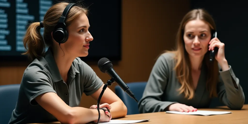 a woman sitting at a table with a microphone in her hand and another woman standing behind her talki
