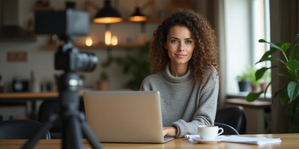 a woman sitting at a table with a laptop and a cup of coffee in front of her, with a camera and a ca