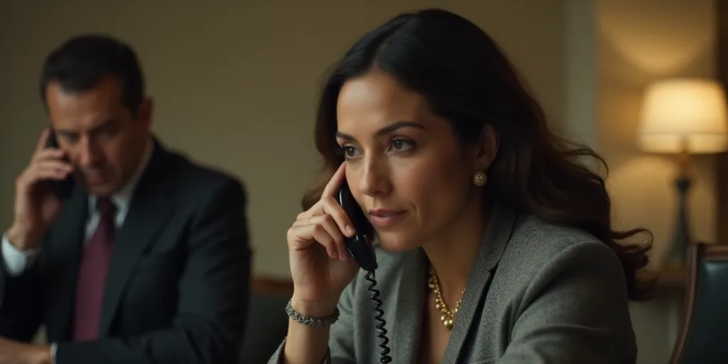 a woman sitting at a table with a man in a suit and tie behind her talking on a phone, Eva Gonzalès