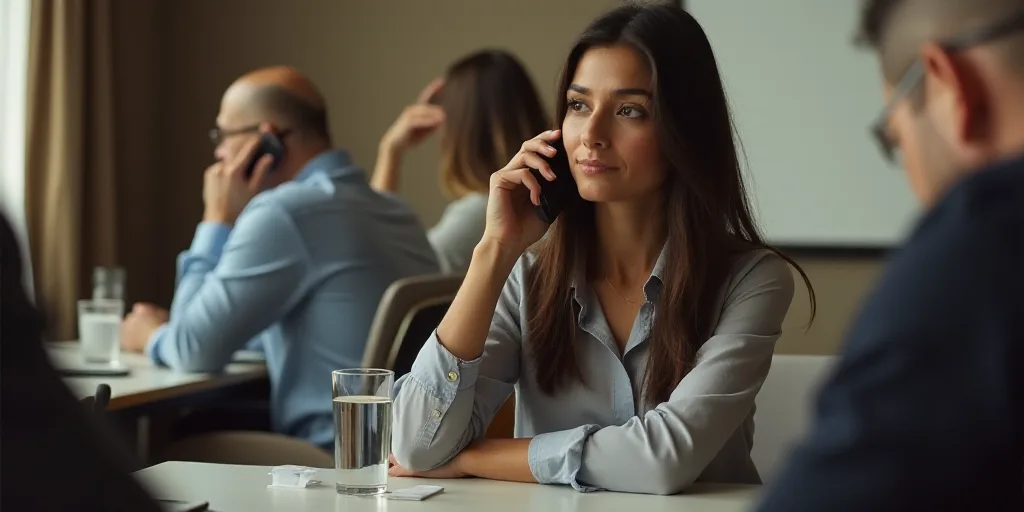 a woman sitting at a table with a man behind her talking on a phone and a glass of water, Eva Gonzal