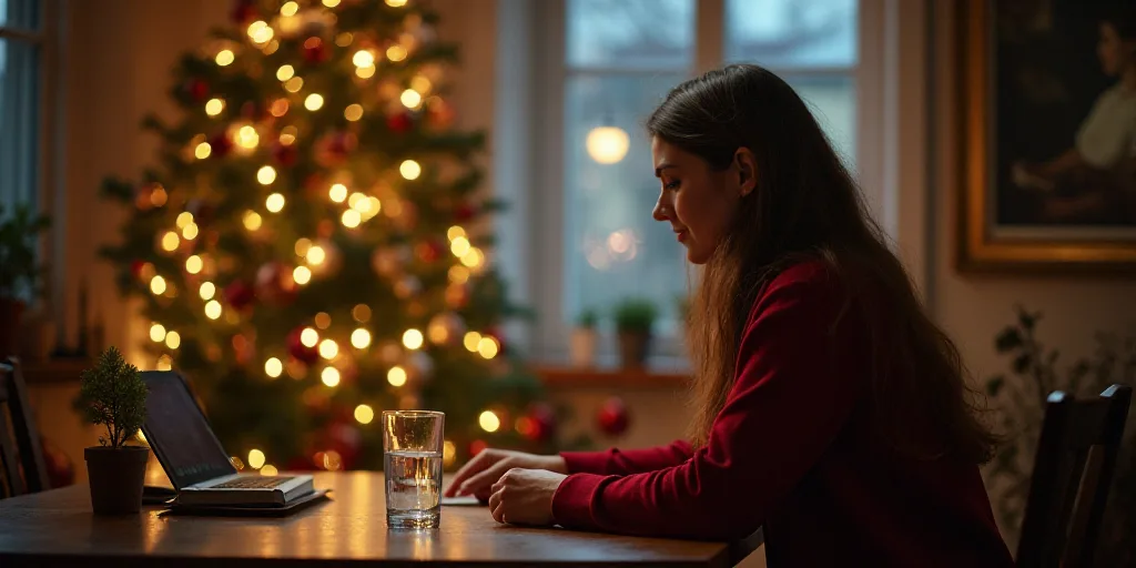 a woman sitting at a table with a glass of water in front of her and a christmas tree in the backgro