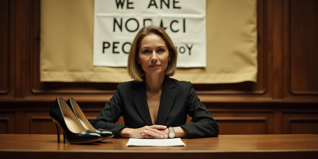 a woman sitting in front of a sign that says we are nobel peaci prize in front of a table with shoes