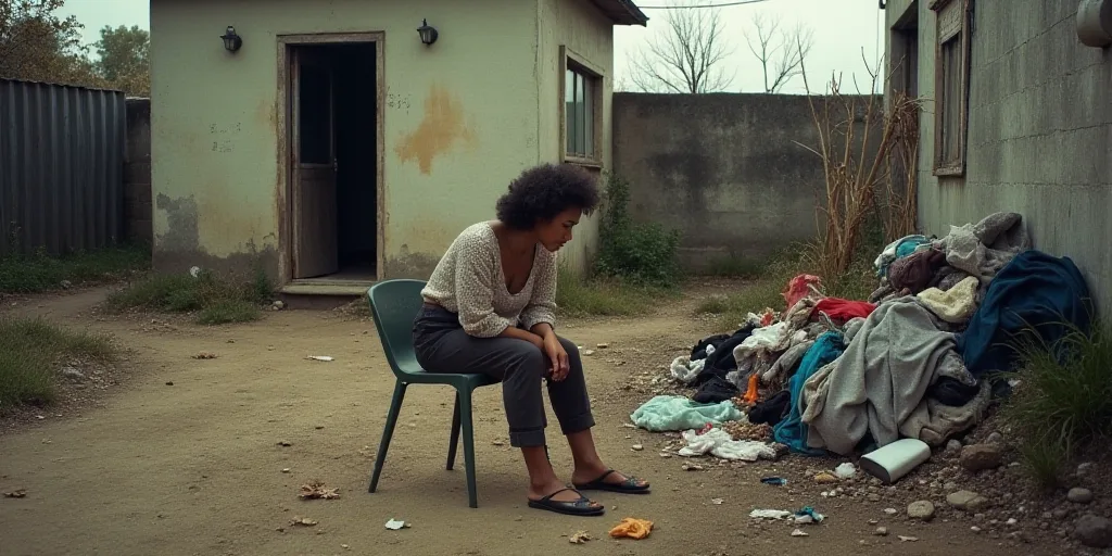 a woman sitting on a chair in a yard next to a pile of clothes and a pile of trash, Araceli Gilbert,
