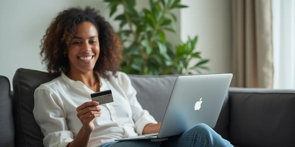 a woman sitting on a couch holding a credit card and a laptop computer in her lap, with a plant in t