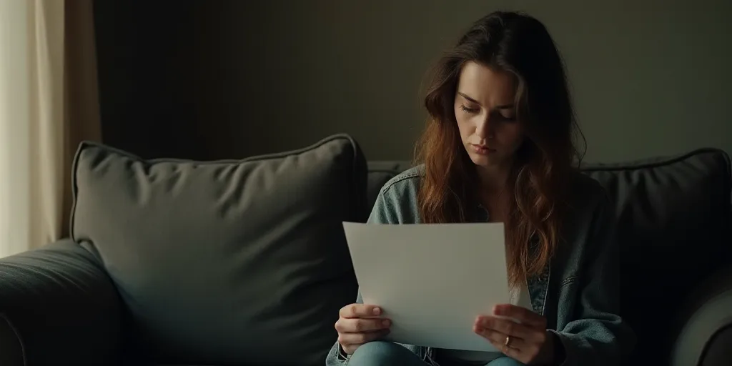 a woman sitting on a couch holding a piece of paper and looking at a piece of paper with a sad look