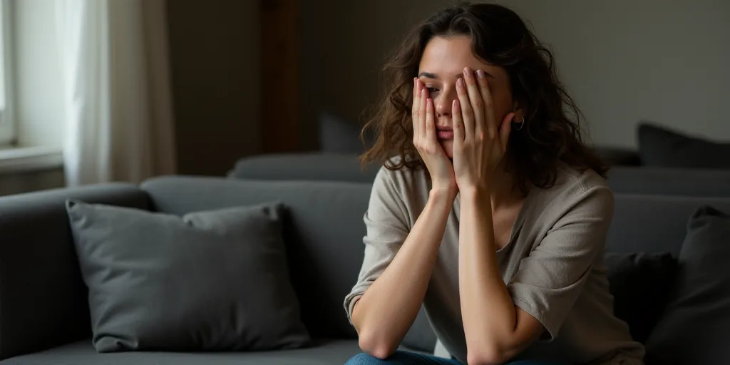 a woman sitting on a couch with her hands on her face and a hand over her face with her hands, Évar