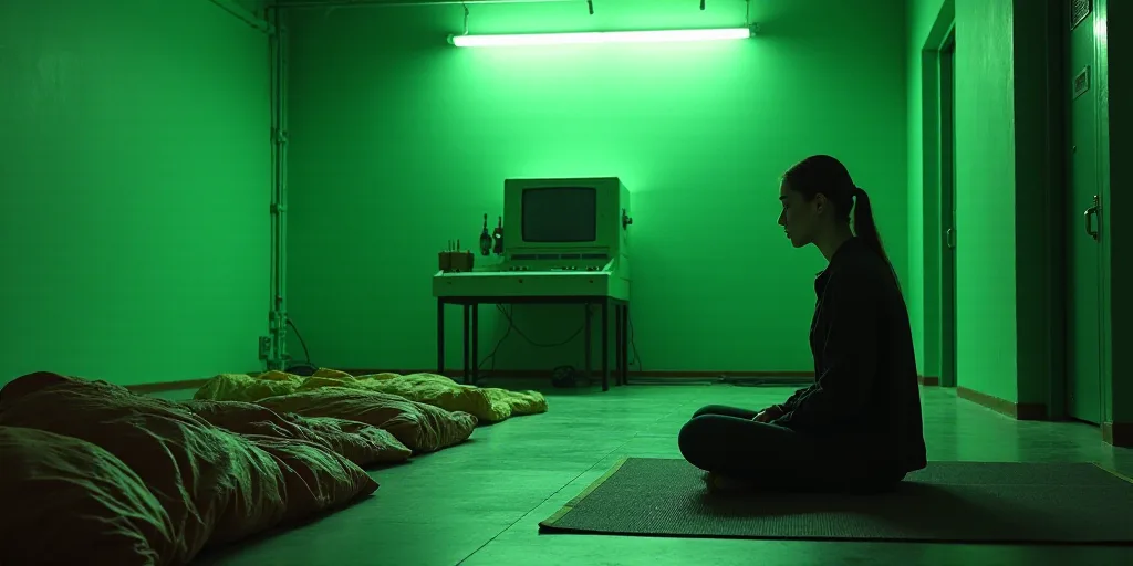 a woman sitting on a mat next to a green machine and sleeping bags on the ground in a room, Bernd Fa