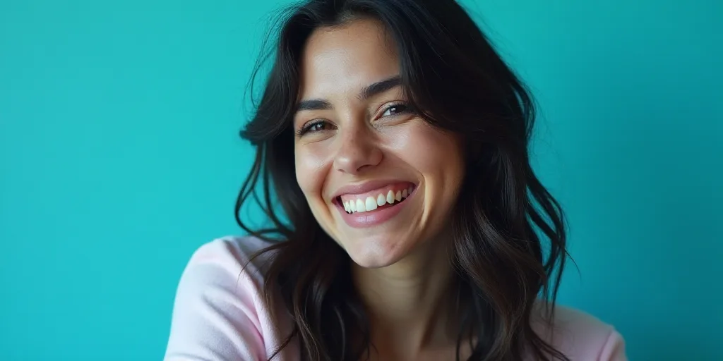 a woman smiling with a blue background and a black and white photo of her with the caption, melly ac