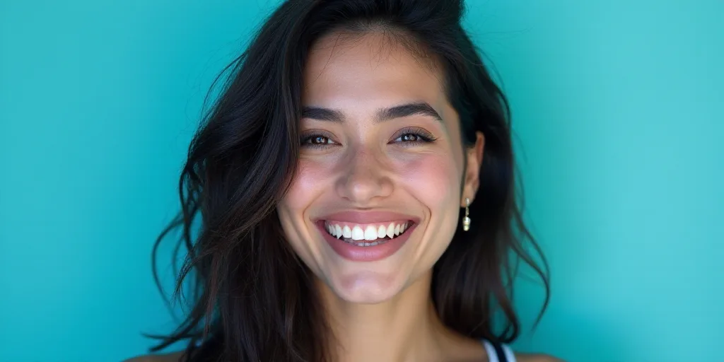 a woman smiling with a blue background and a black and white photo of her with the caption, melly ac