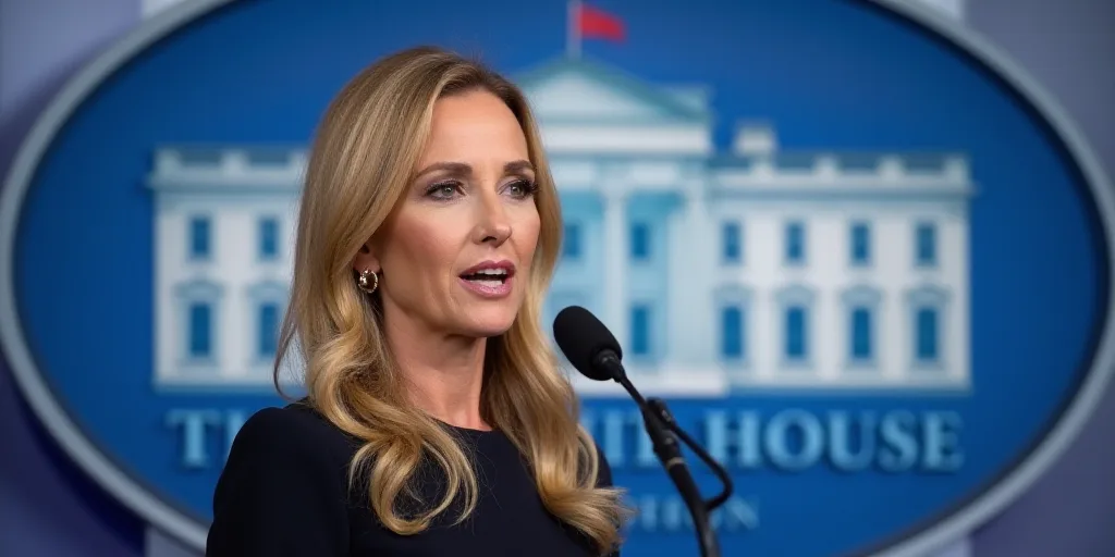 a woman speaking into a microphone in front of a white house sign with a blue background and a white