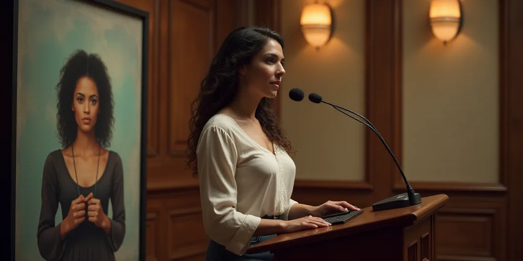 a woman standing at a podium in front of a sign with a picture of a woman on it and a microphone, Ca