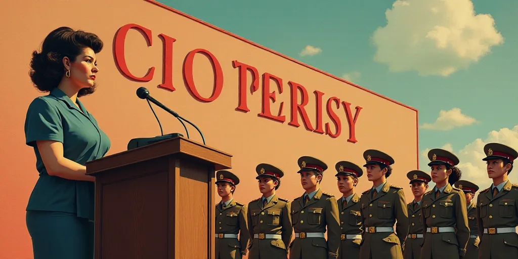 a woman standing at a podium in front of a group of people in uniform in front of a sign, Fernando B