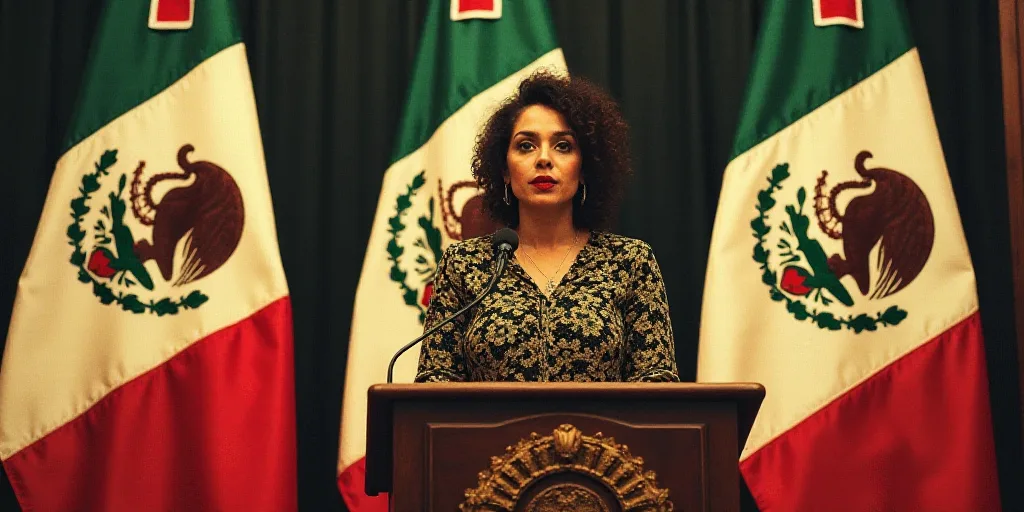 a woman standing at a podium in front of flags of mexico and mexico, with a microphone in front of h