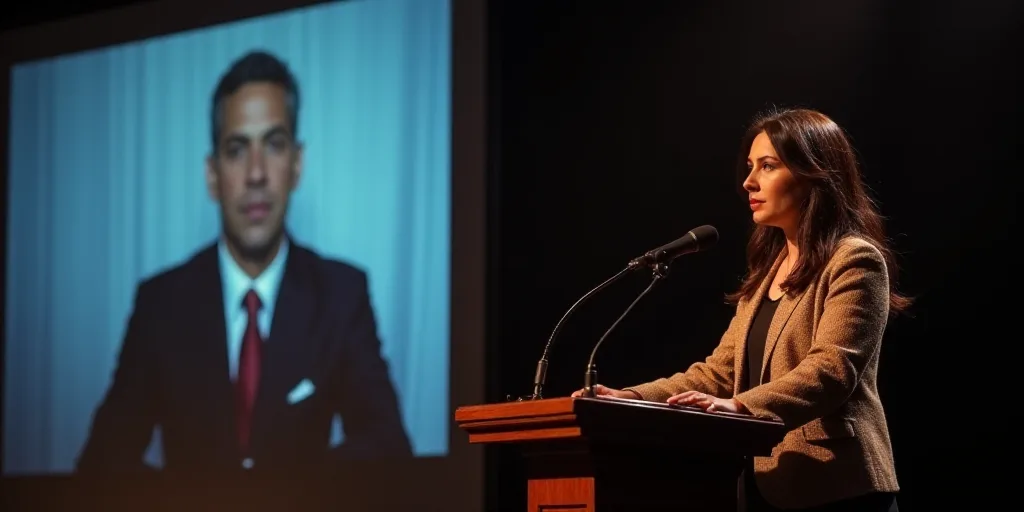a woman standing at a podium in front of a screen with a picture of a man on it and a microphone, Ar