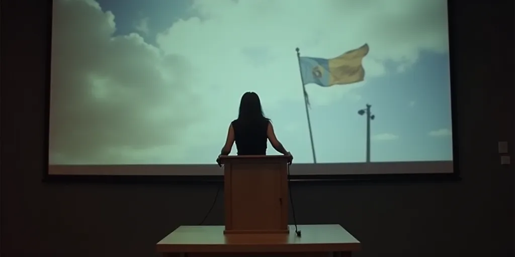 a woman standing at a podium in front of a projection screen with a flag on it and a microphone, Est