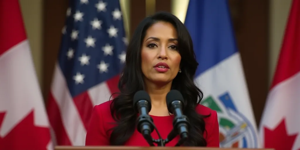 a woman standing at a podium in front of flags and a flag banner behind her is a microphone with a m
