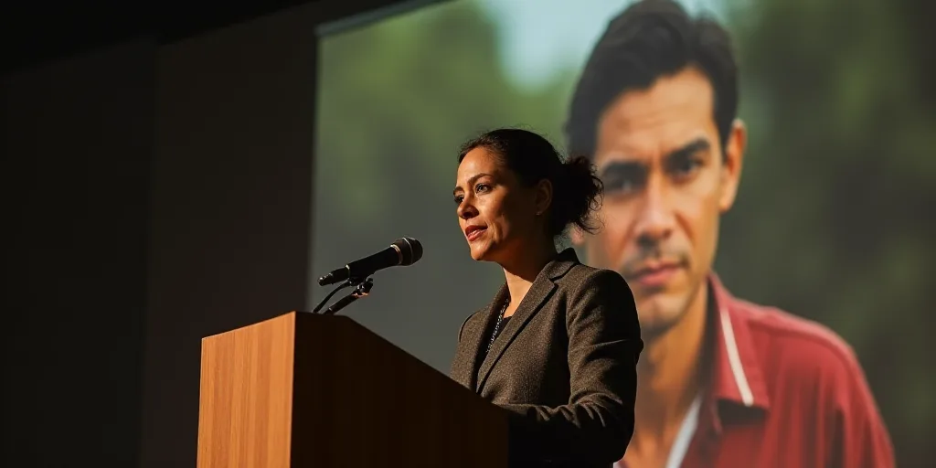 a woman standing at a podium with a microphone in front of her and a picture of a man behind her, Ev