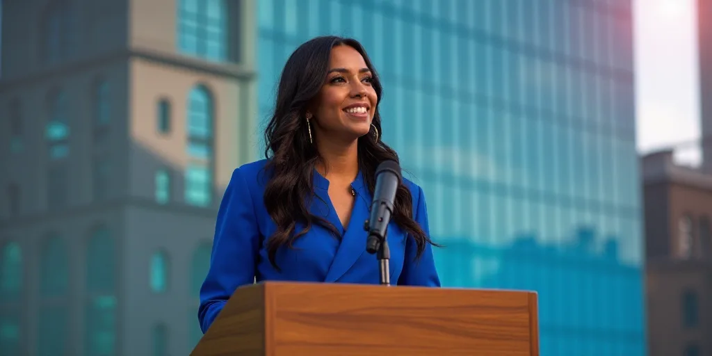 a woman standing at a podium with a microphone in front of her and a building in the background behi