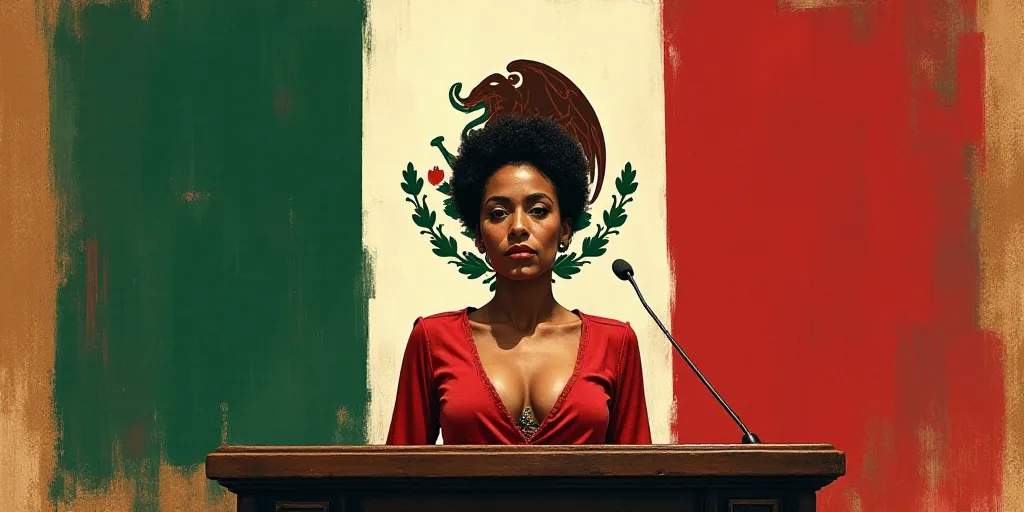 a woman standing at a podium with a mexican flag behind her and a mexican flag behind her behind her