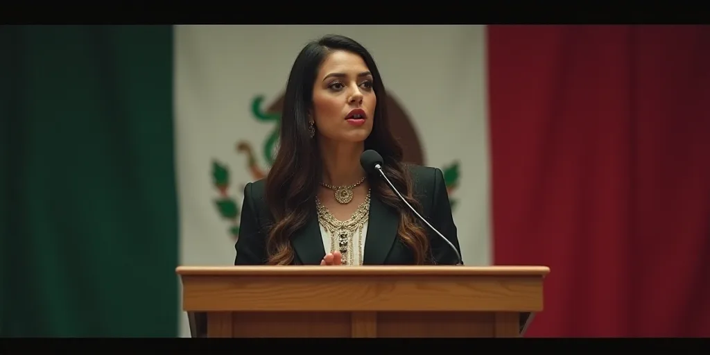 a woman standing at a podium with a mexican flag behind her and a mexican flag behind her and a mexi