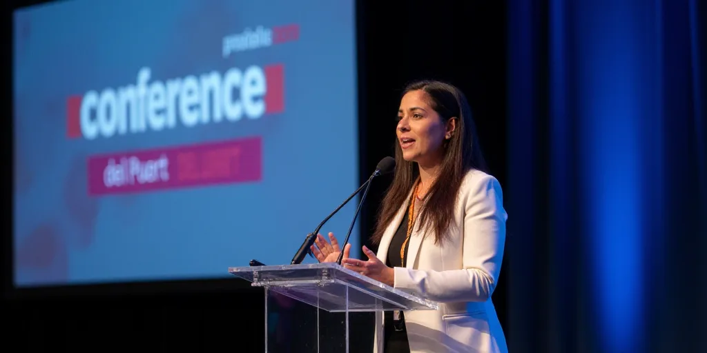 a woman standing at a podium with a microphone in her hand and a sign behind her that says conferenc
