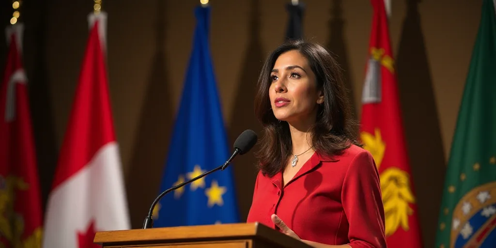 a woman standing at a podium with a microphone in front of flags and a microphone in front of her, A