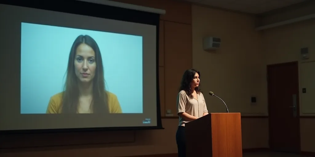 a woman standing at a podium with a microphone in front of a screen with a picture of a man, Araceli