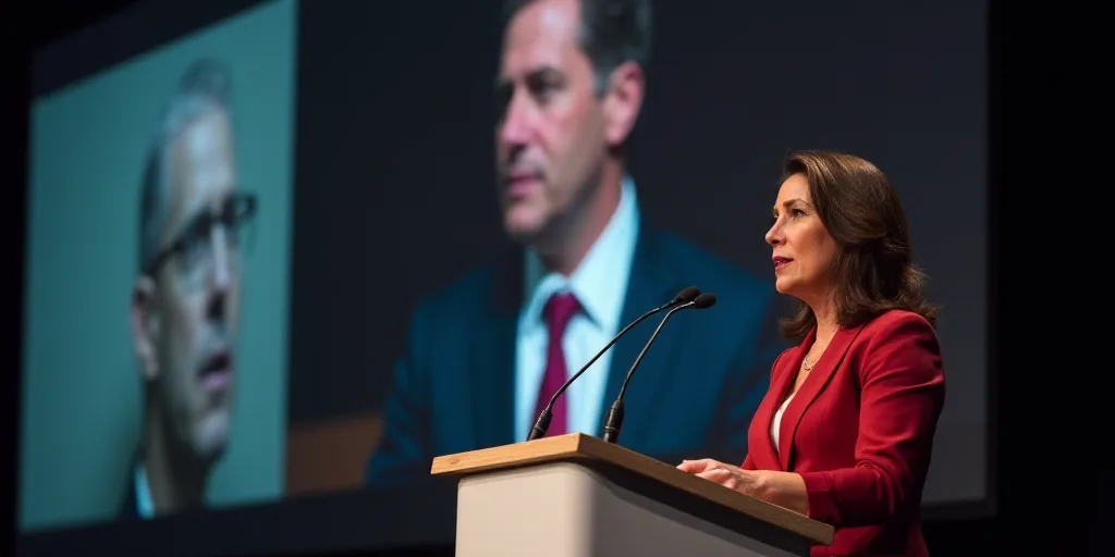 a woman standing at a podium with a microphone in front of her and a large screen behind her with a