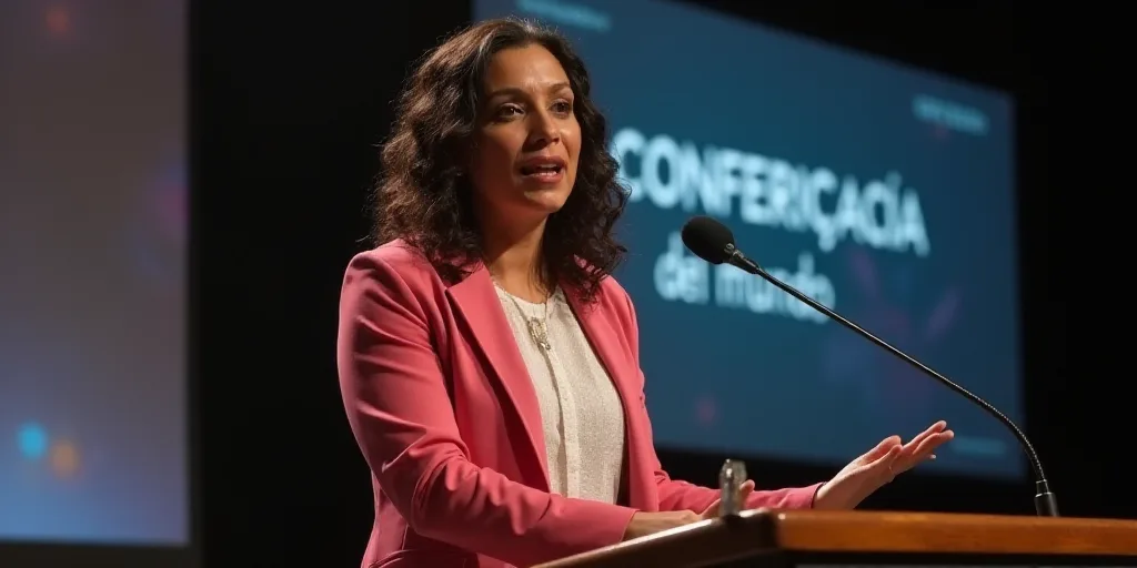 a woman standing at a podium with a microphone in her hand and a sign behind her that says conferica