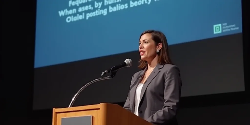 a woman standing at a podium with a microphone in front of her and a screen behind her with a messag