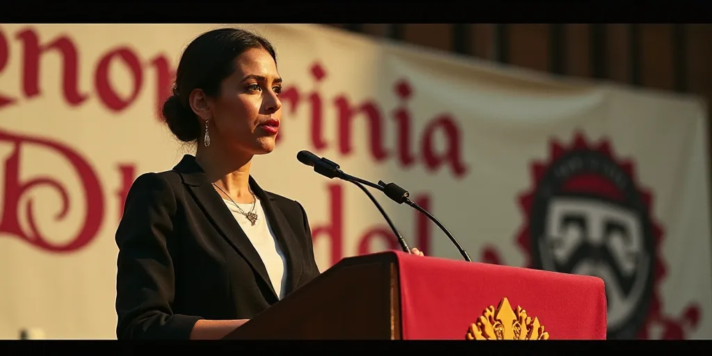 a woman standing at a podium with a microphone in front of her and a banner behind her that says con