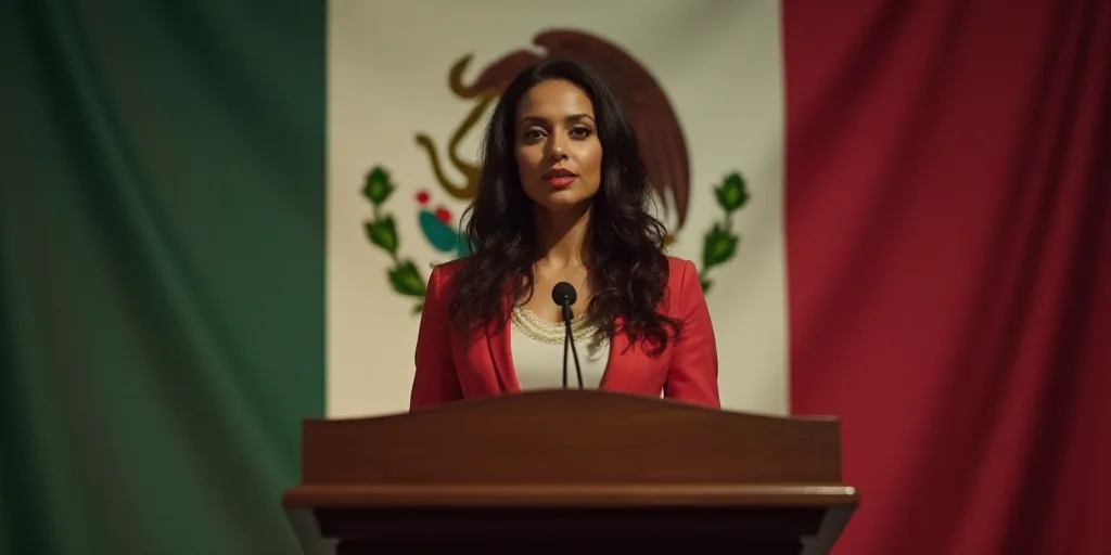 a woman standing at a podium with a mexican flag behind her and a mexican flag behind her and a mexi
