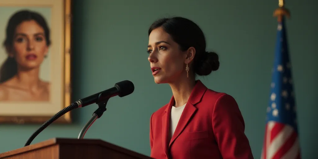 a woman standing at a podium with a microphone in front of her and a picture of a woman behind her,