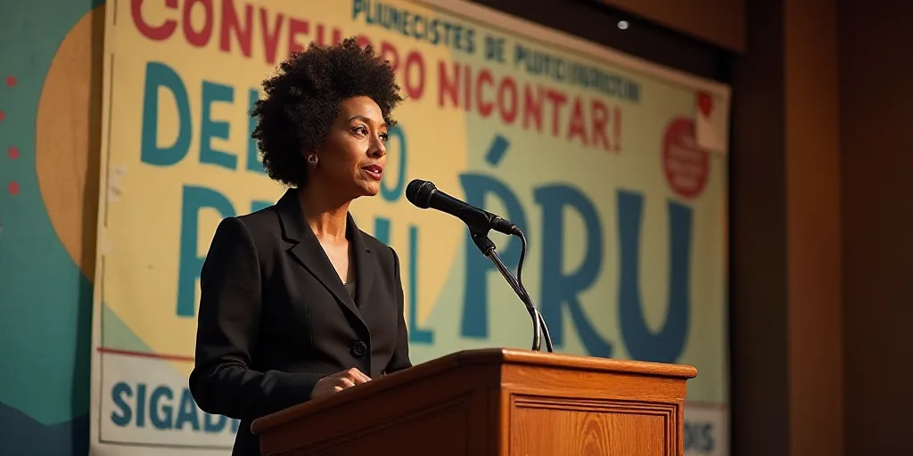 a woman standing at a podium with a microphone in front of her and a banner behind her that says con