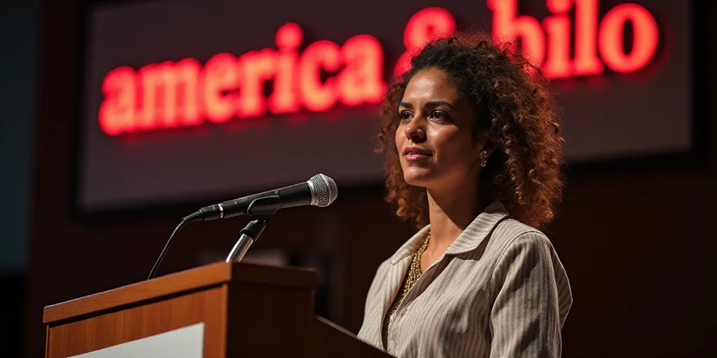 a woman standing at a podium with a microphone in front of her and a sign behind her that says ameri