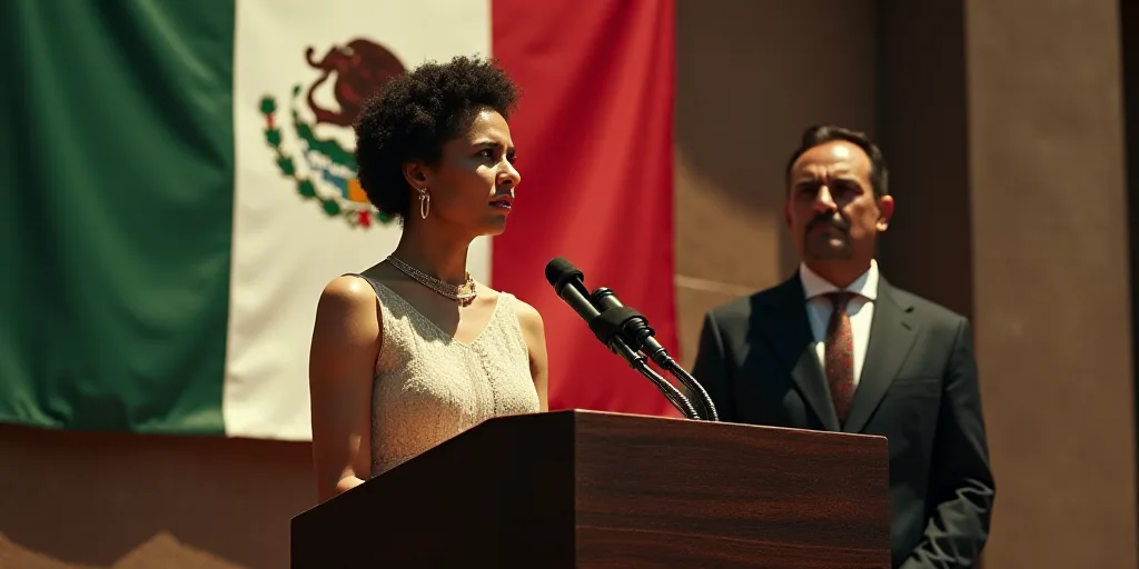 a woman standing at a podium with a mexican flag behind her and a man in a suit and tie, David Alfar