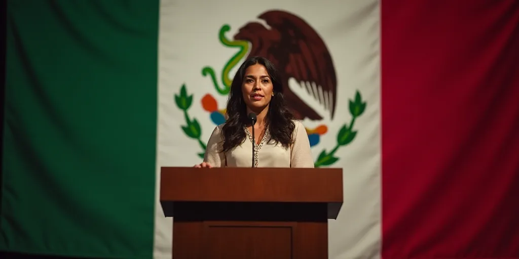 a woman standing at a podium with a mexican flag behind her and a mexican flag behind her and a mexi