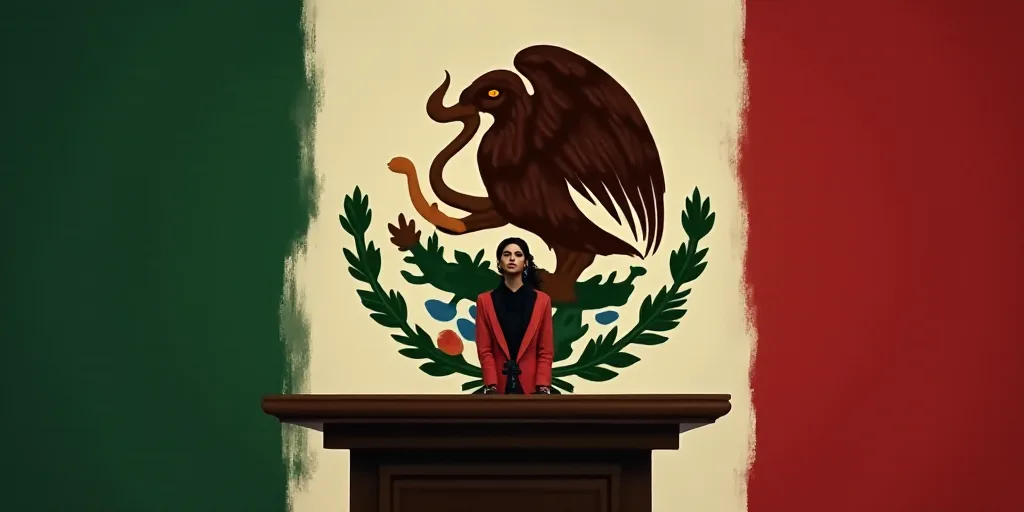 a woman standing at a podium with a mexican flag behind her and a mexican flag behind her, behind a