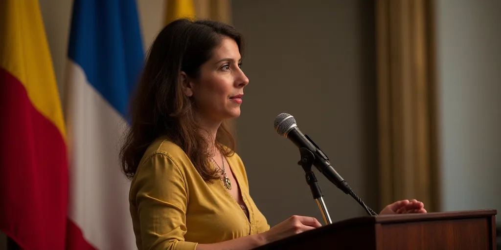 a woman standing at a podium with a microphone in front of her and a flag behind her and a microphon