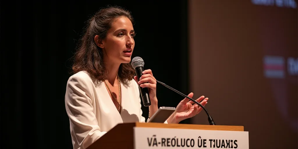 a woman standing at a podium with a microphone in her hand and a sign behind her that says gobieno d
