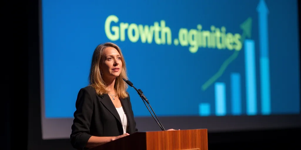 a woman standing at a podium with a microphone in front of her and a screen behind her that says gro