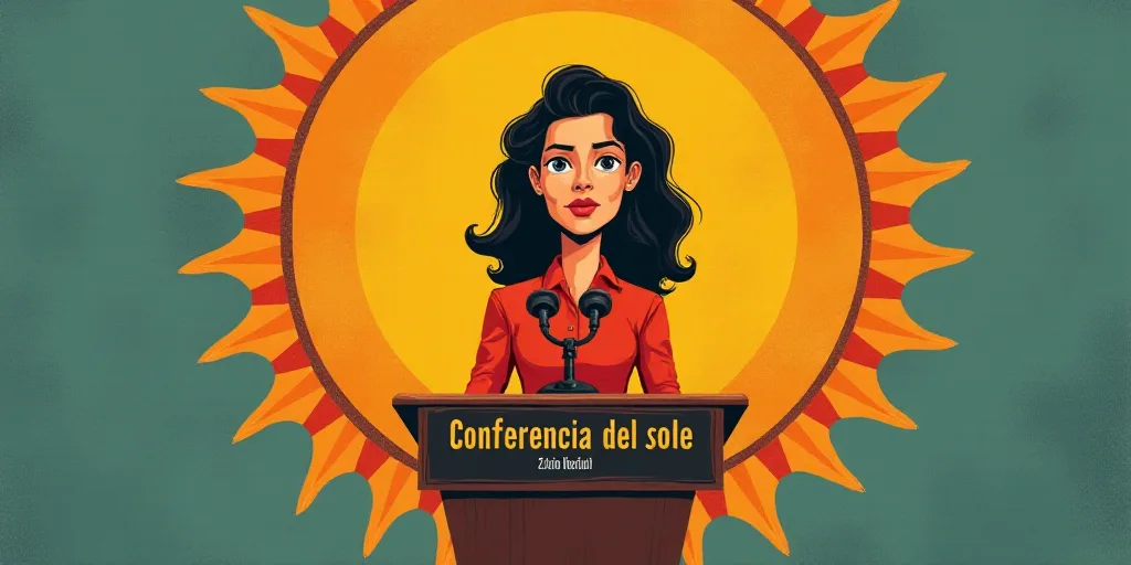 a woman standing at a podium with a microphone in front of her and a sign behind her that says confe