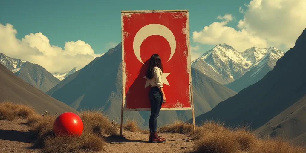 a woman standing in front of a poster with a red ball in her hand and a mountain in the background,
