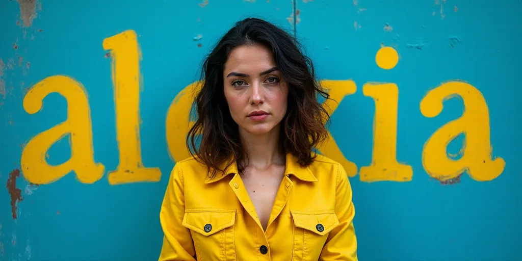 a woman standing in front of a blue and yellow background with the words, alexia bautista, columbia