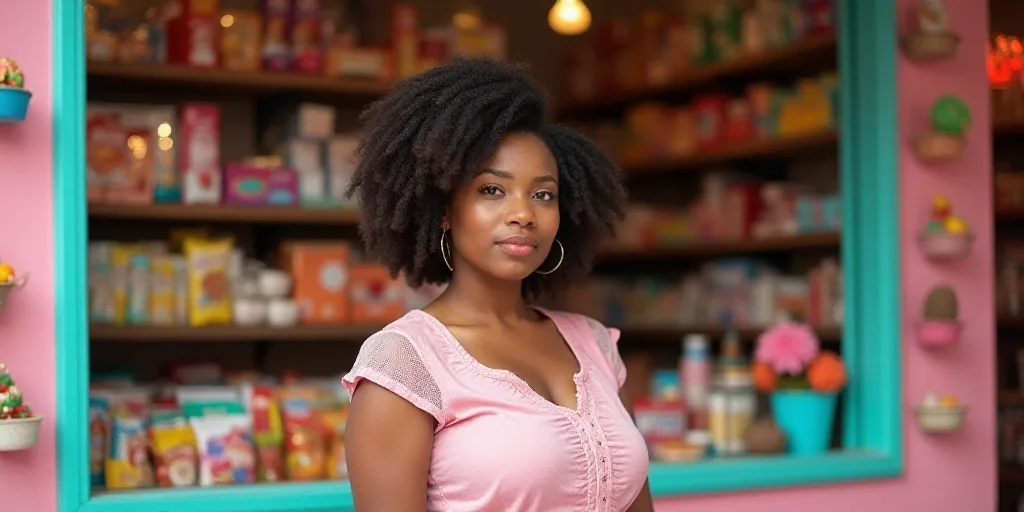 a woman standing in front of a store selling candy and candy bars and candy bars and candy bars and