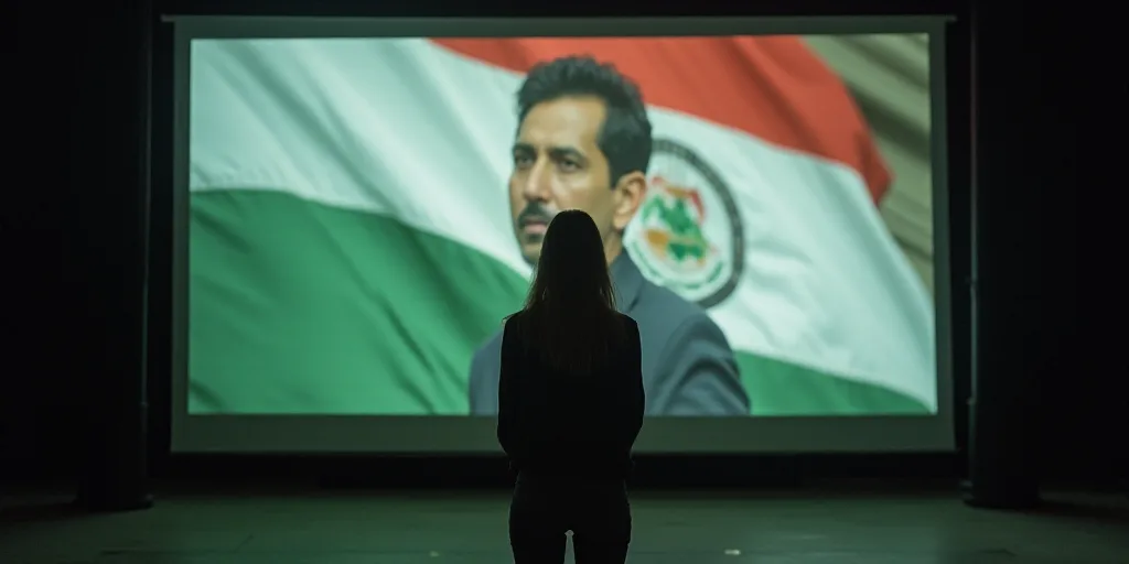 a woman standing in front of a projector screen with a picture of a man on it and a flag behind her,