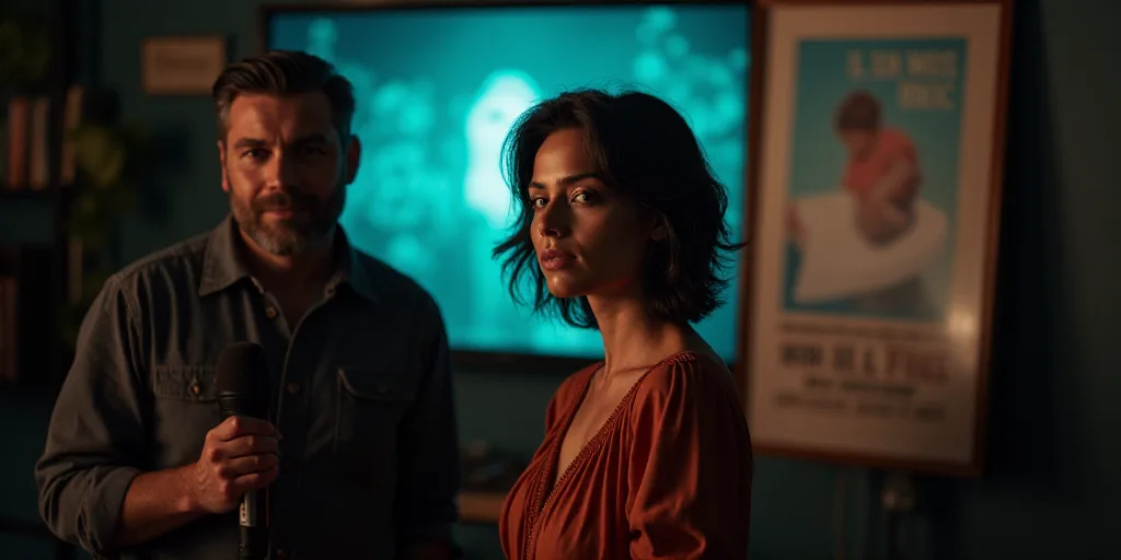 a woman standing in front of a tv while holding a microphone in her hand and a man standing behind h