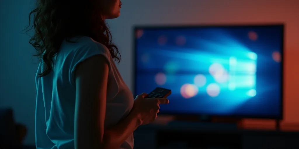 a woman standing in front of a tv holding a remote control in her hand and a television in the backg