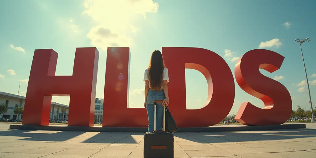 a woman standing in front of a giant sign with a suitcase in her hand and a building in the backgrou