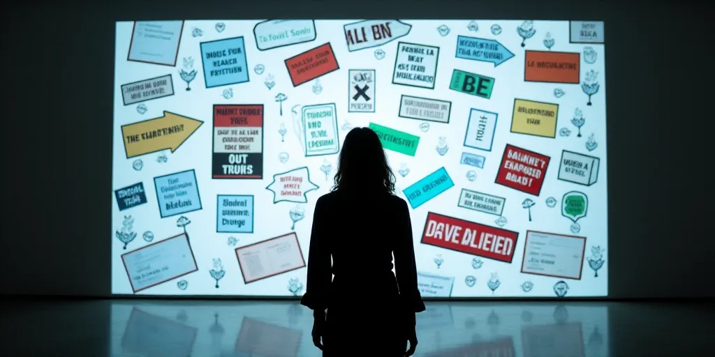 a woman standing in front of a large screen with a lot of signs behind her on it's side, Anne Rigney